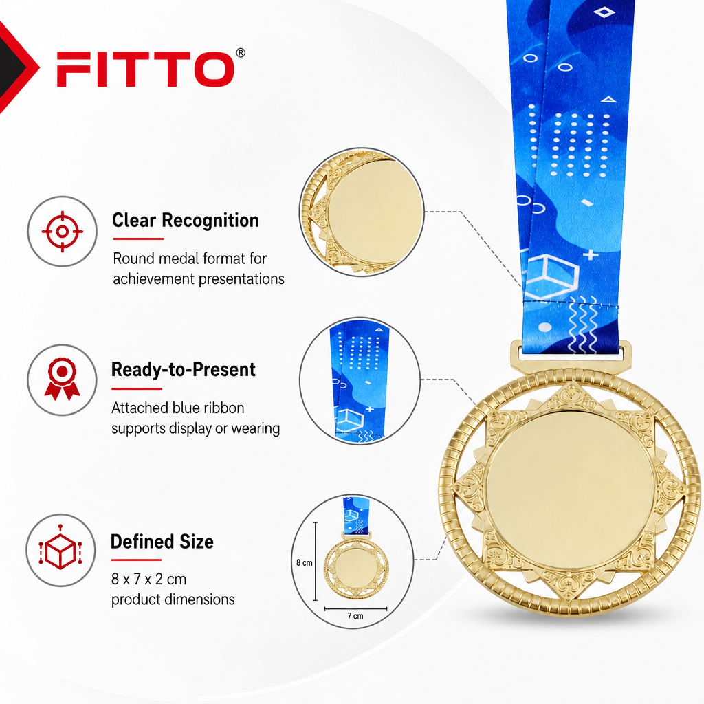 144 Pieces Award Medal with Blue Ribbon, Metallic Finish, 8 x 7 x 2 cm