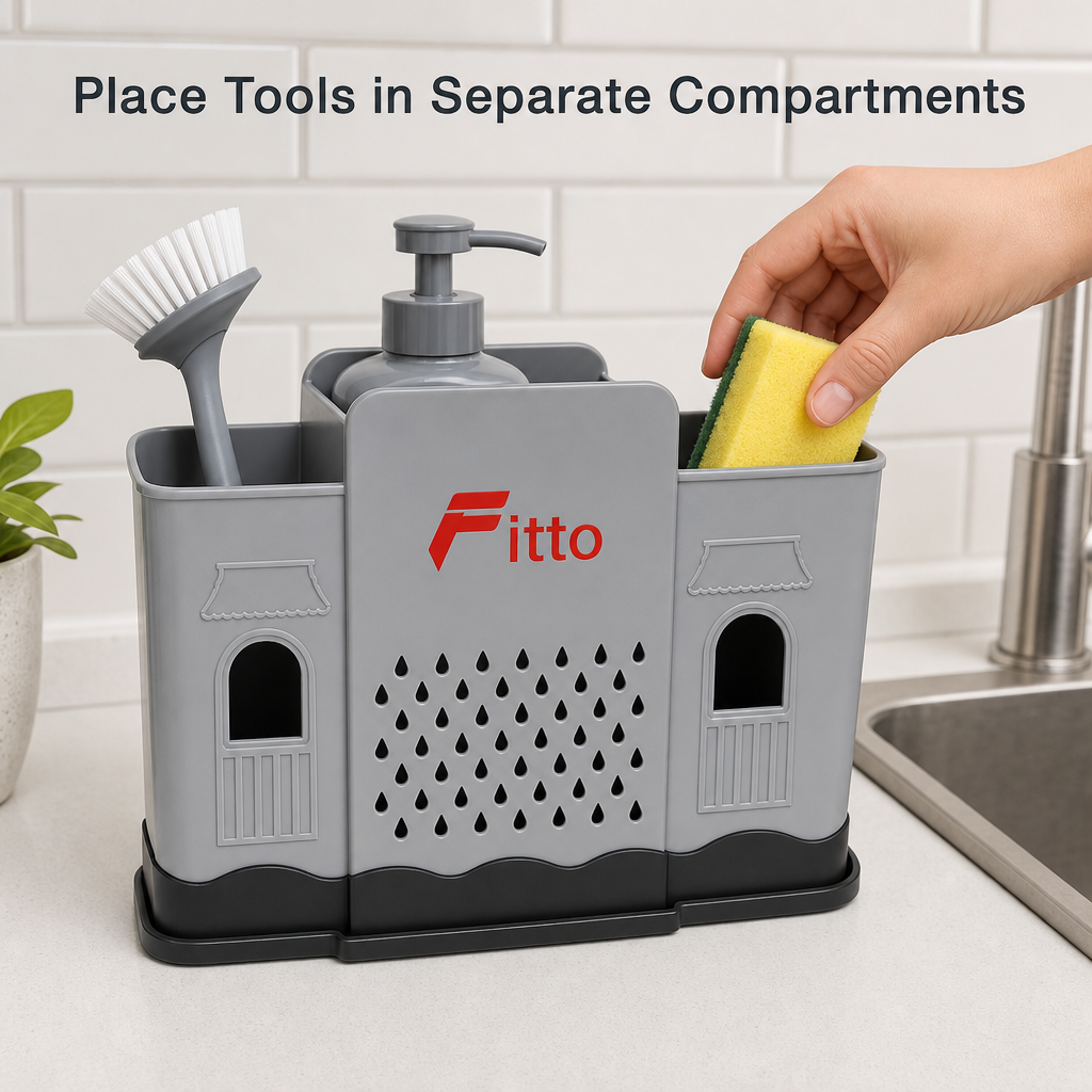 120 Pieces Sink Caddy Organiser with Sponge and Utensil Compartments, Grey and Black, 23 x 11 x 14 cm