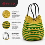 72 Pieces Handwoven Natural Fiber Bucket Handbags, Yellow and Olive Striped Design, 22 x 18 x 14 cm