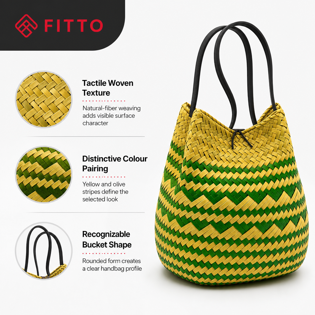 72 Pieces Handwoven Natural Fiber Bucket Handbags, Yellow and Olive Striped Design, 22 x 18 x 14 cm