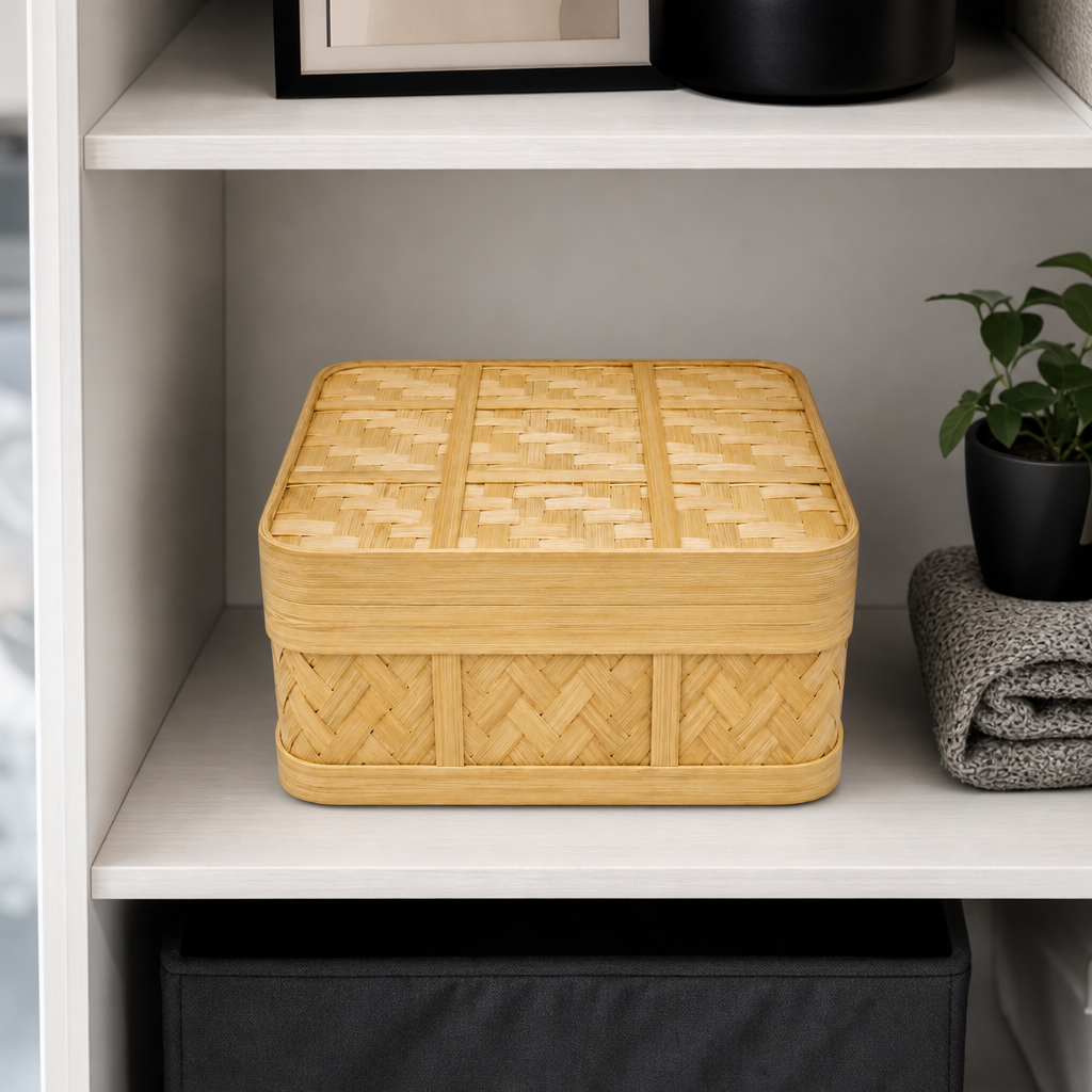 72 Pieces Handwoven Bamboo Storage Box with Lid, Square 22 x 22 x 12 cm