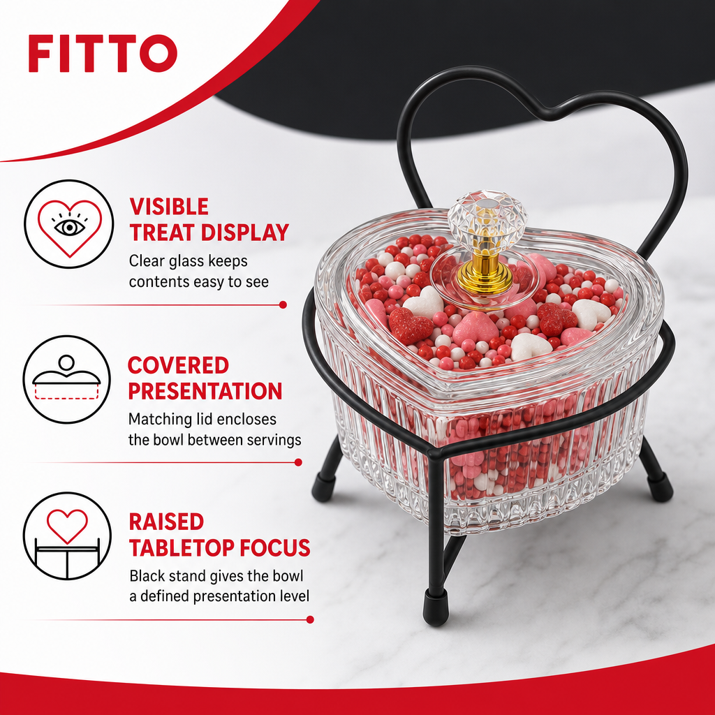 72 Pieces Clear Heart-Shaped Glass Candy and Snack Bowl with Lid and Black Metal Stand