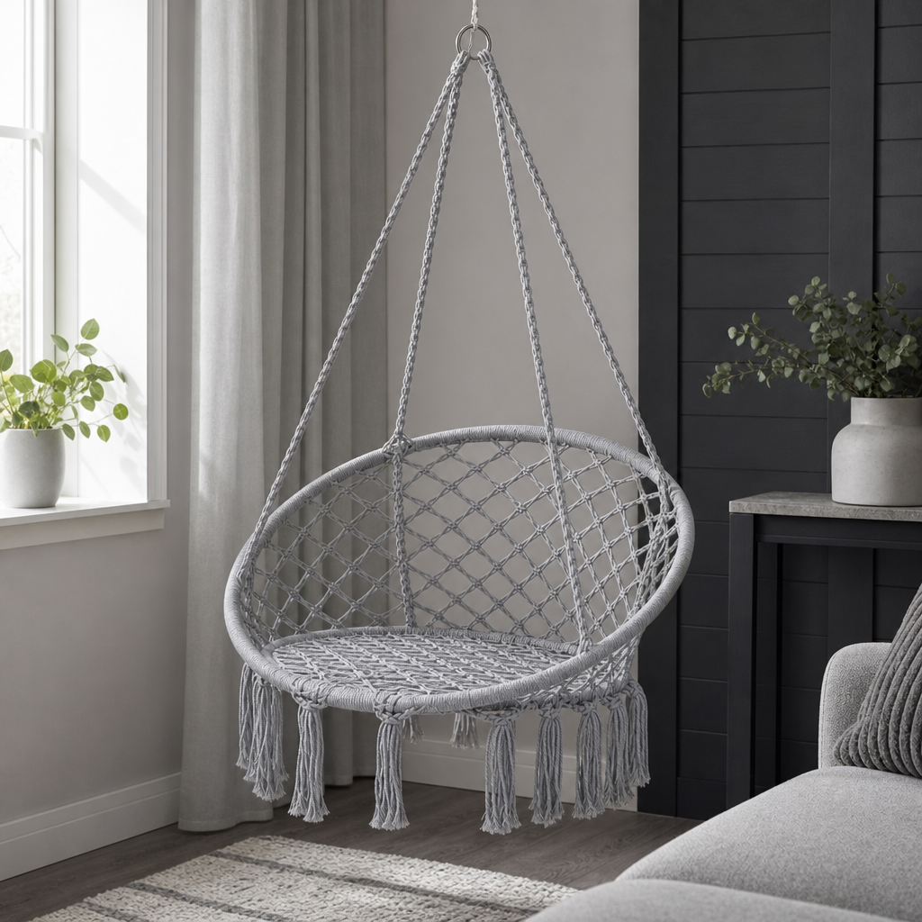 48 Pieces Grey Macramé Hanging Rope Swing Chair, 80 x 60 cm Seat, 120 cm Overall Height, 1 Unit