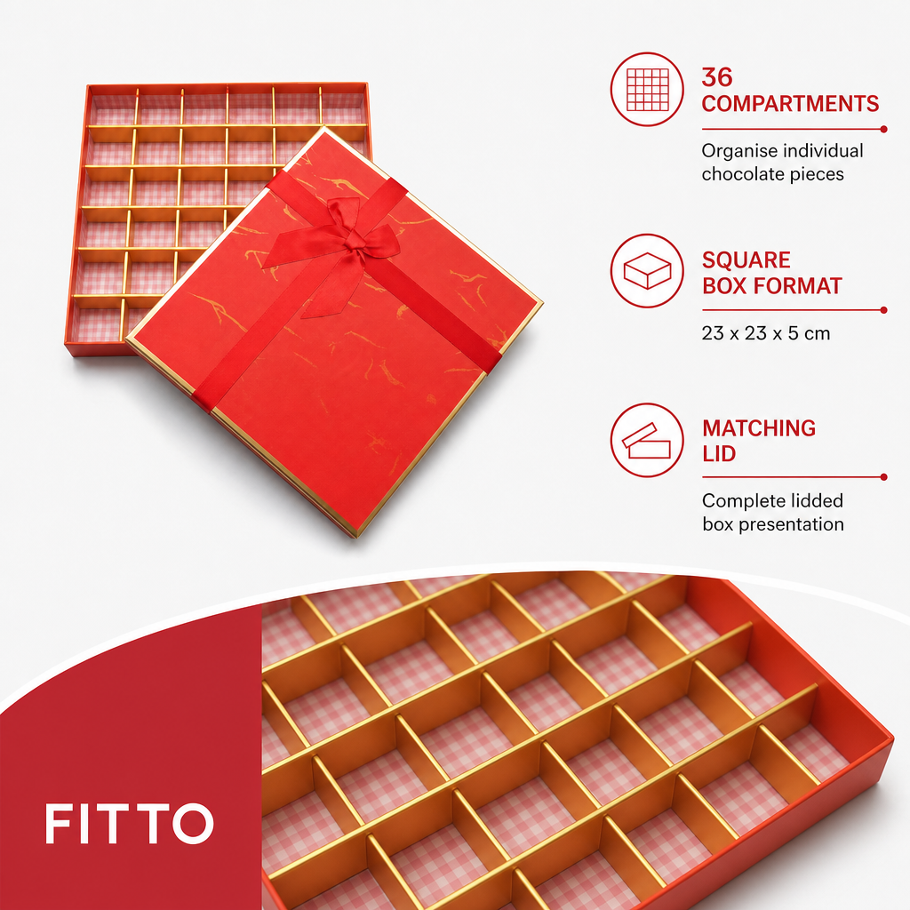 96 Pieces Chocolate Box with 36 Compartments, Red, 23 x 23 x 5 cm, 1 Piece