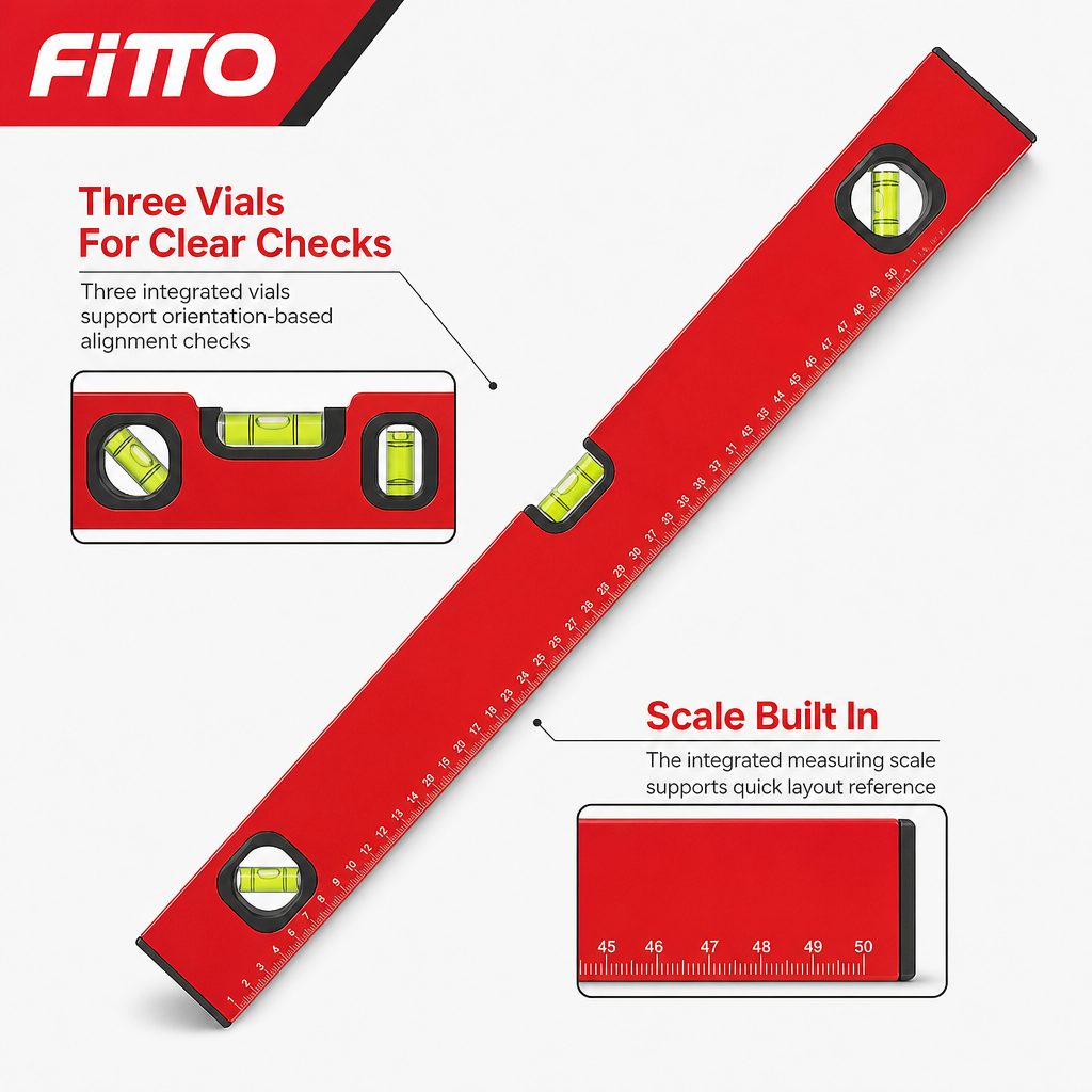 96 Pieces 50 cm Red Aluminum Spirit Level with 3 Vials and Integrated Measuring Scale