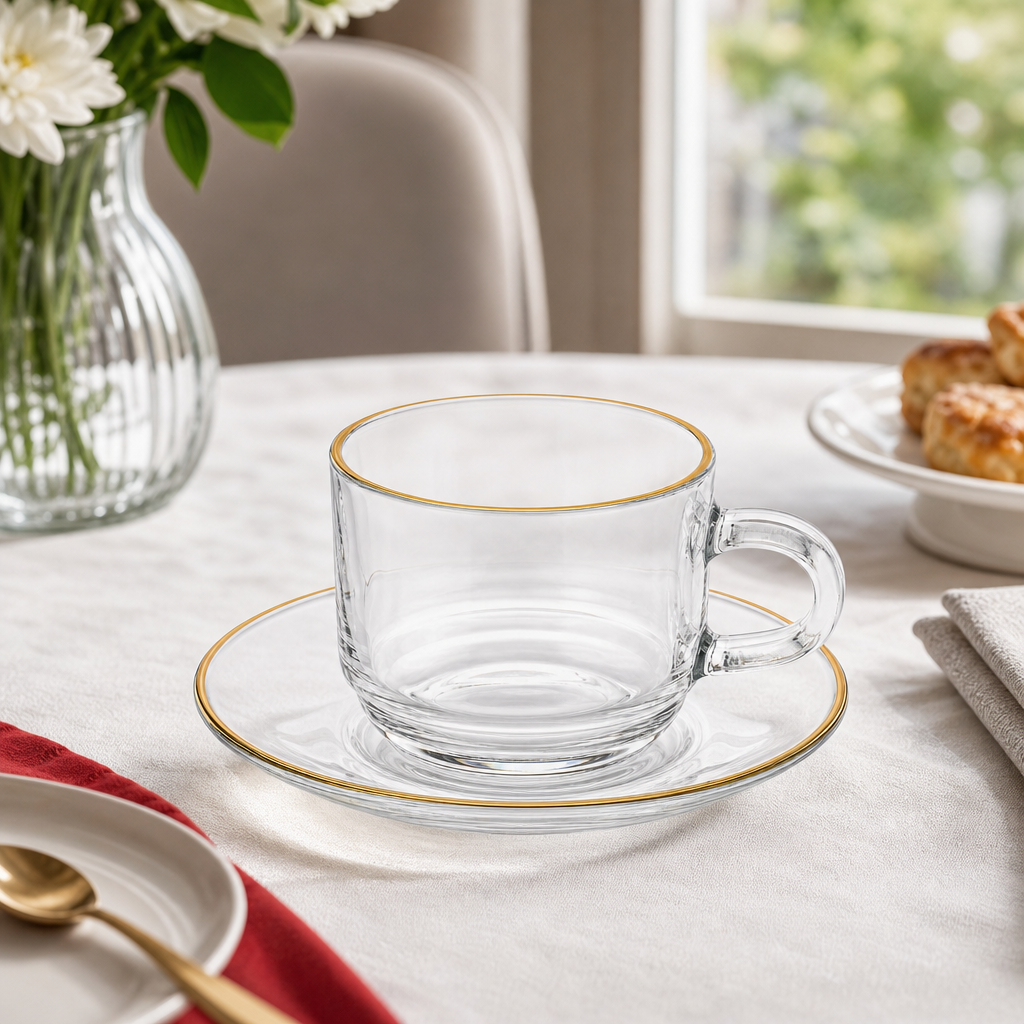 72 Pieces Clear Glass Tea Cup and Saucer Set with Gold Rim, 2 Pieces