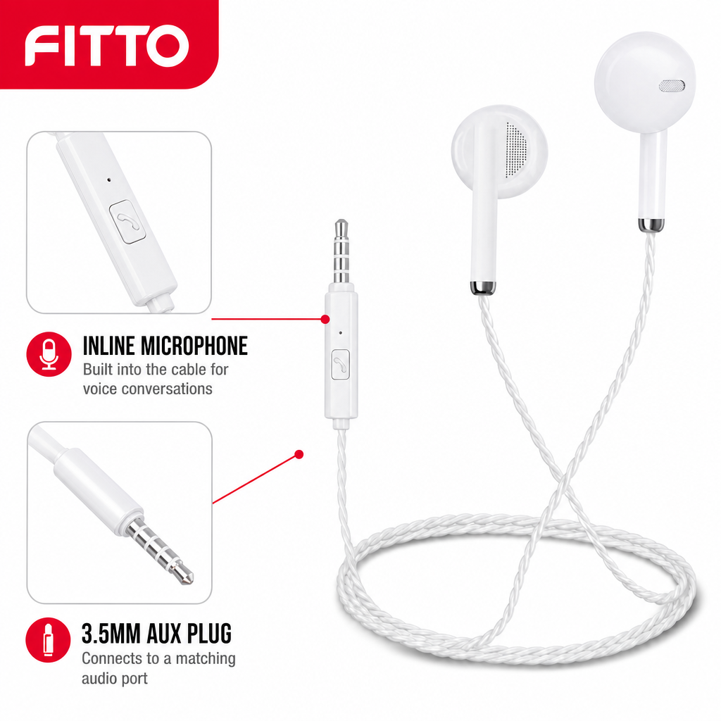 144 Pieces Wired HiFi Earphones with Inline Microphone, 3.5mm AUX Plug, White