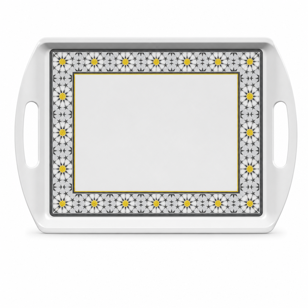72 Pieces Rectangular Serving Trays with Dual Handles, 22 Inch, White Grey with Yellow Accents