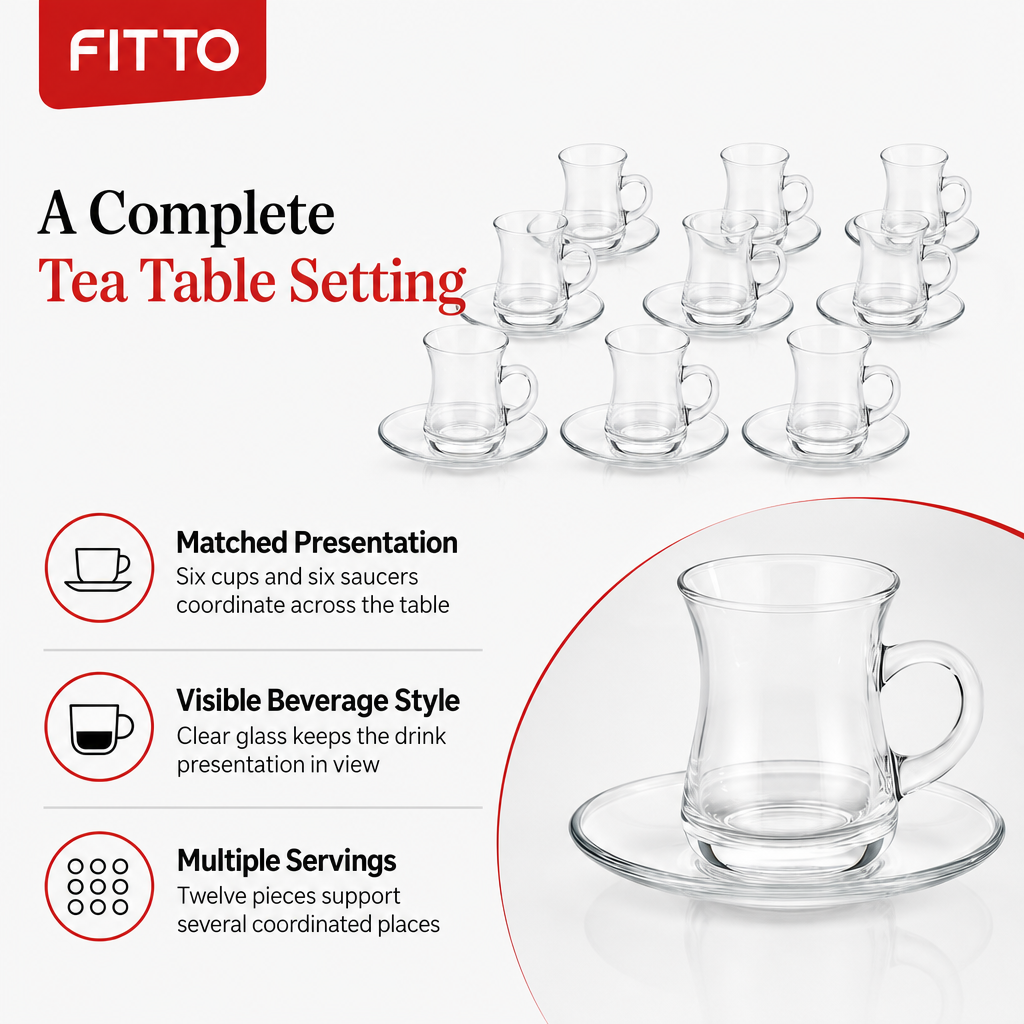 60 Pieces Clear Glass Tea Cup and Saucer Set, 12 Pieces