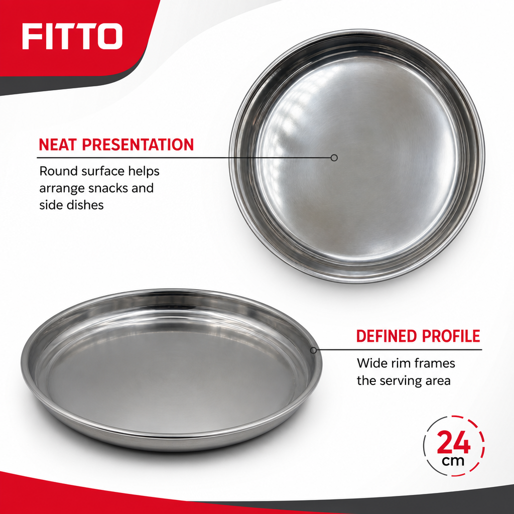 96 Pieces Stainless Steel Round Serving Plate with Wide Rim, 24 cm, 1 Piece