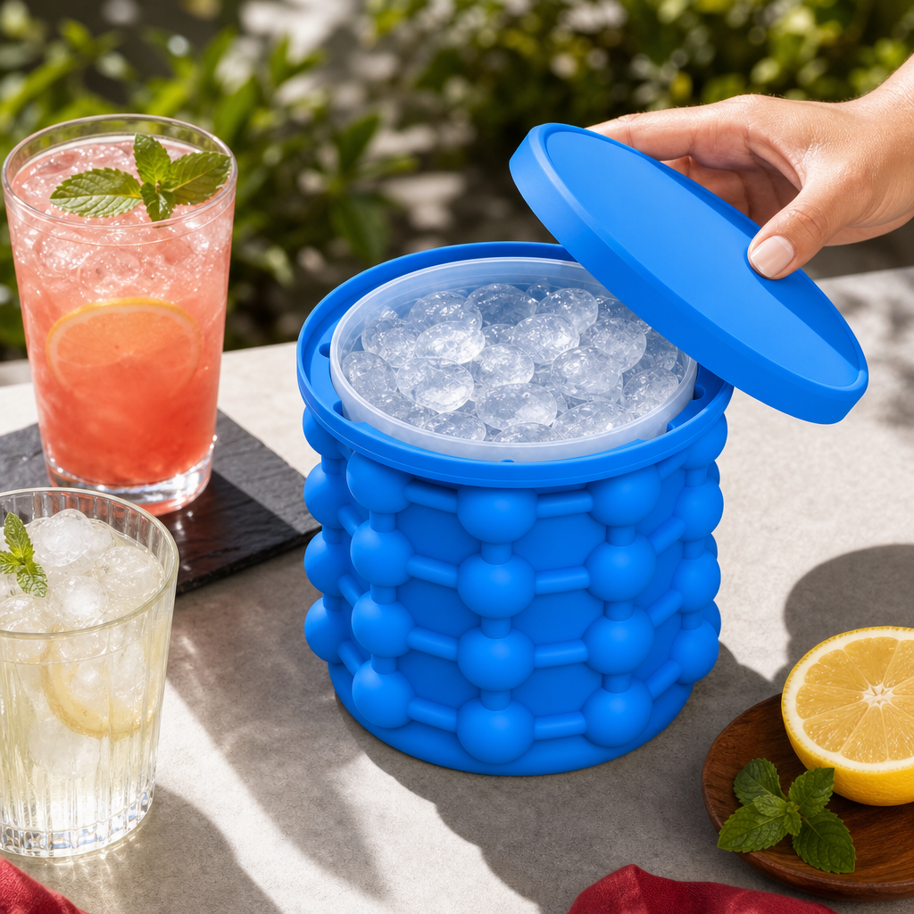 96 Pieces Silicone Ice Cube Maker with Storage Bucket and Lid, Blue, 21 cm