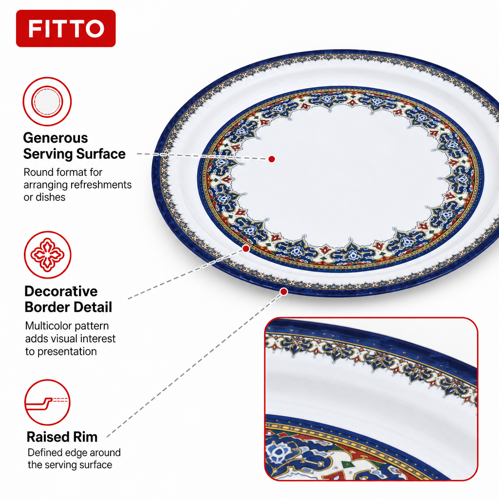 60 Pieces Melamine Round Serving Trays with Decorative Pattern, 60 cm