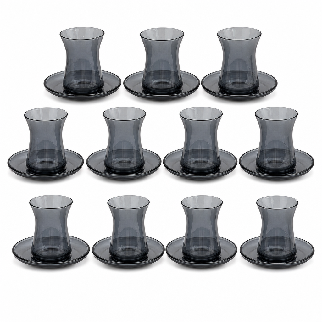 60 Pieces Glass Tea Cup And Saucer Set, Smoke Black, 12 Pieces