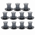 60 Pieces Glass Tea Cup And Saucer Set, Smoke Black, 12 Pieces