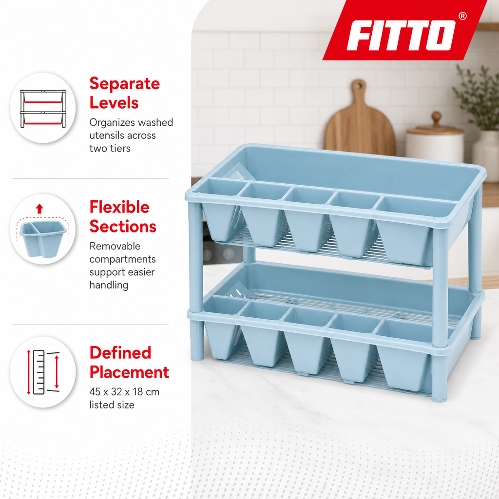 72 Pieces Utensil Drying Rack, Light Blue Two-Tier Plastic Dish Drainer with Removable Compartments, 45 x 32 x 18 cm