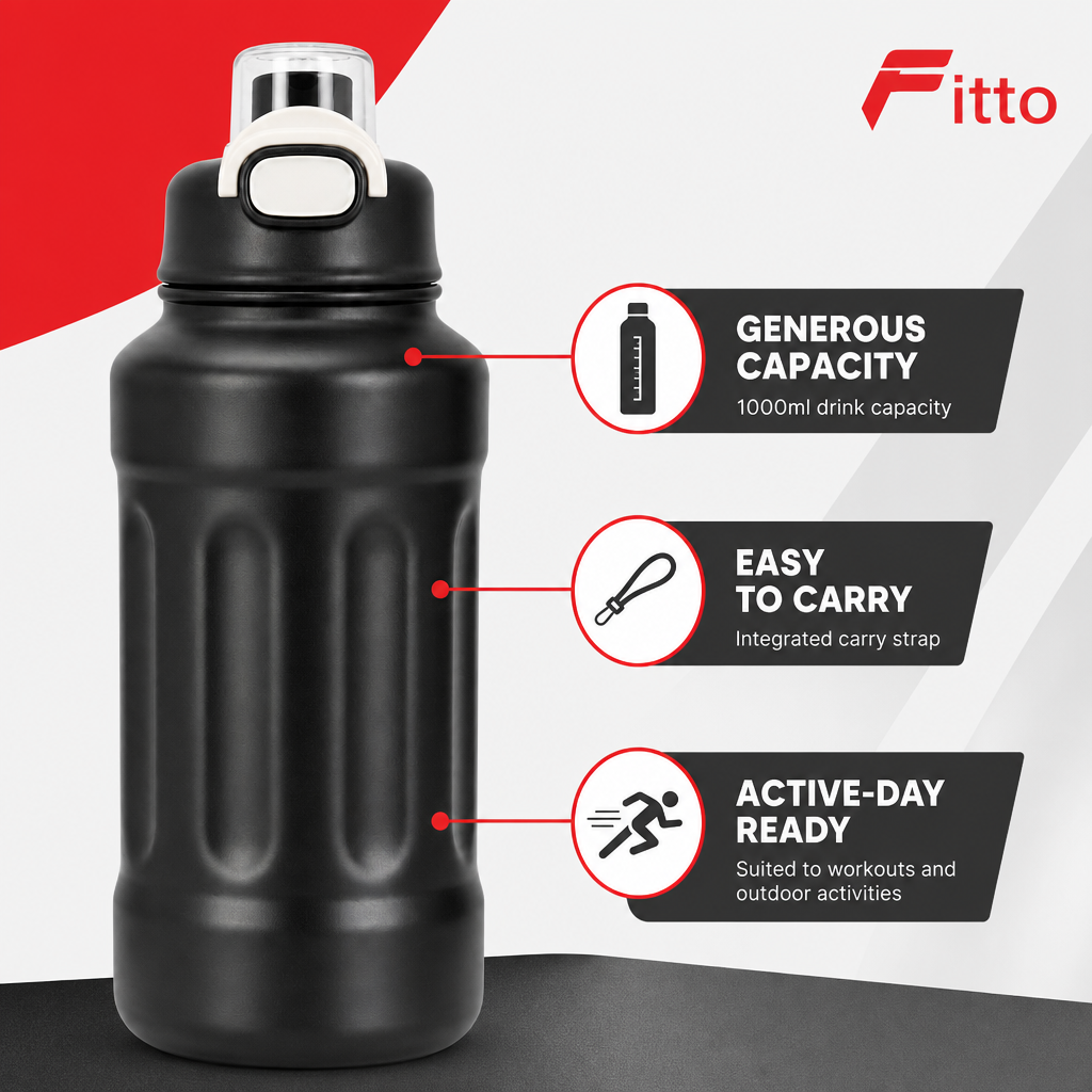 72 Pieces Sports Water Bottles 1000ml with Carry Strap, Black