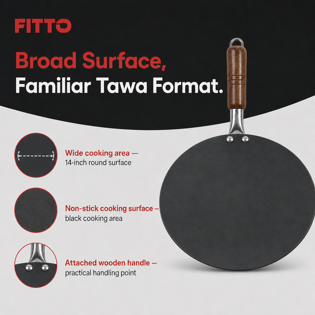 72 Pieces Non-Stick Tawa Pan with Wooden Handle, 14 Inch Round Black Griddle
