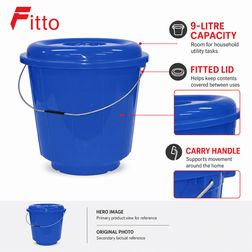 96 Pieces Plastic Bucket with Lid and Carry Handle, 9 Litre, Blue