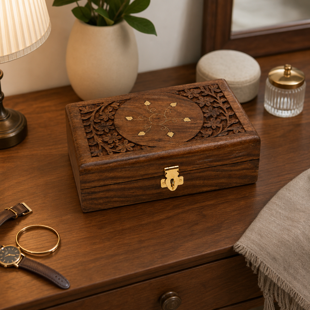 96 Pieces Carved Wooden Keepsake Box with Brass Latch, Rectangular Storage Container, 8 x 5 Inch