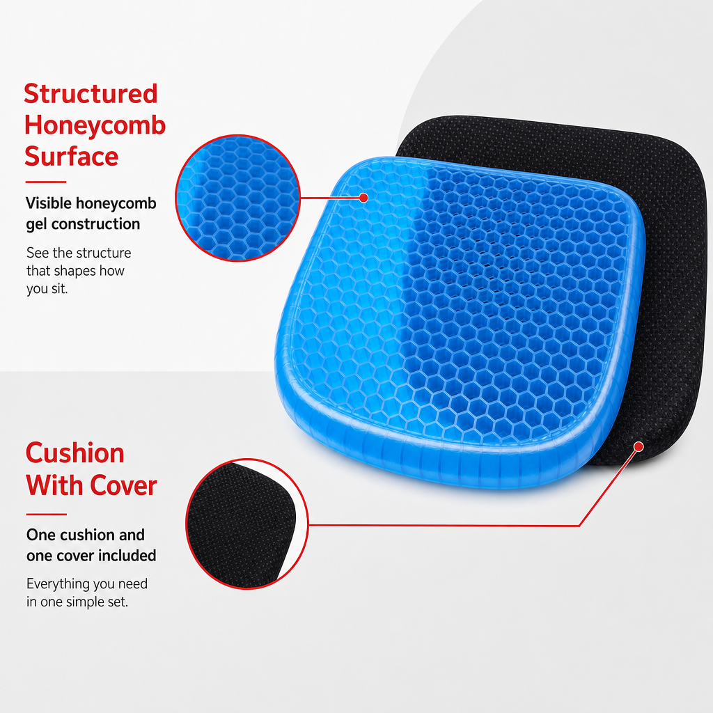 96 Pieces Blue and Black Honeycomb Gel Seat Cushion with Cover, 45 x 40 x 8 cm, 1 Set