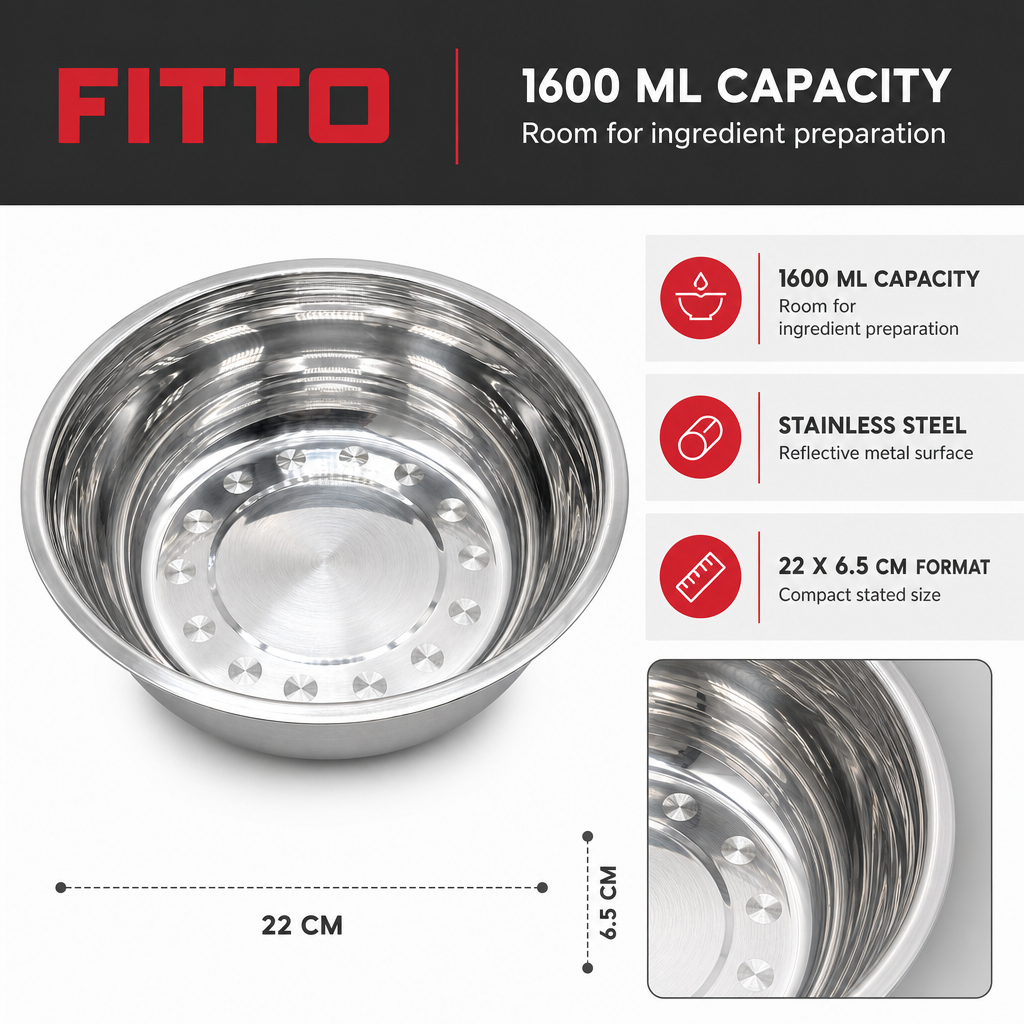 120 Pieces Stainless Steel Mixing Bowls, 1600 ml, 22 x 6.5 cm, Single Piece