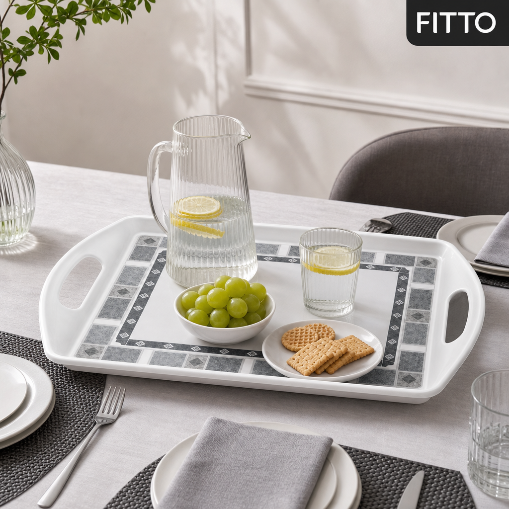96 Pieces Serving Trays, Rectangular Melamine Tray with Double Handles, 18 Inch, Grey Geometric Border