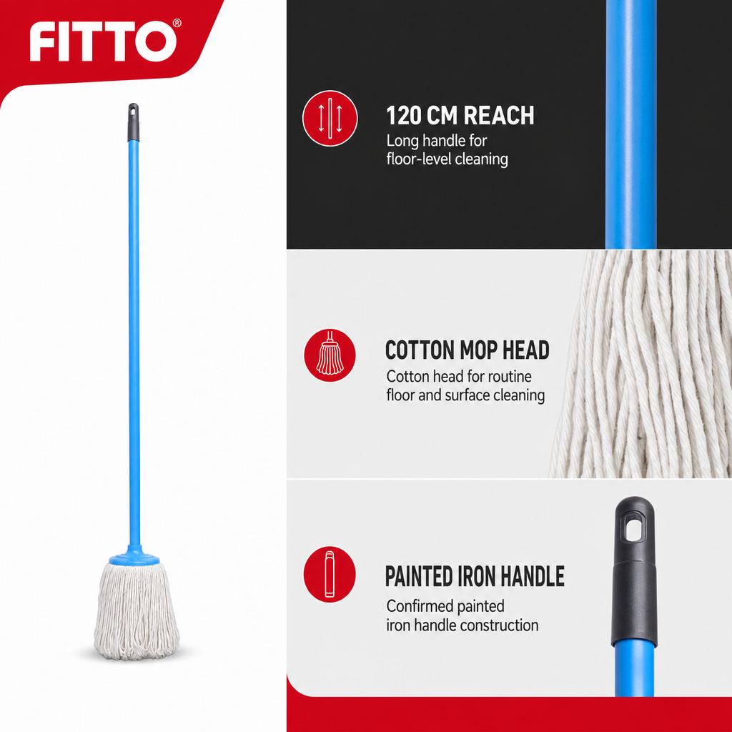 96 Pieces Cotton Mop with Painted Iron Handle, 200 g, Blue, 120 cm