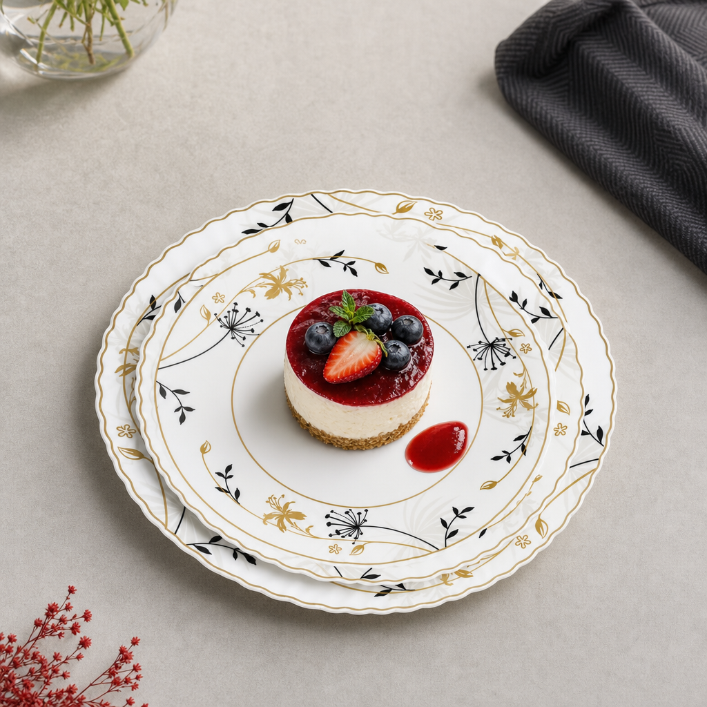 120 Pieces Opal Dessert Plate, 7.5 Inch Round Floral Tablewares for Dessert Serving, White with Gold and Black Detail, Single Piece