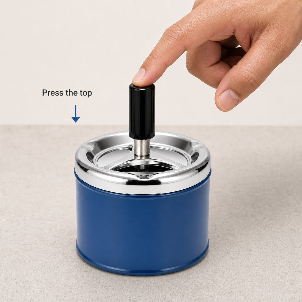 120 Pieces Blue Round Stainless Steel Push-Down Ashtrays with Lid, Tabletop Smoking Accessory, 17 x 14 x 14 cm