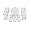 48 Pieces Clear Faceted Glass Tea and Coffee Set, 18 Pieces, Gold-Rimmed Cups and Saucers
