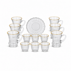 48 Pieces Clear Faceted Glass Tea and Coffee Set, 18 Pieces, Gold-Rimmed Cups and Saucers