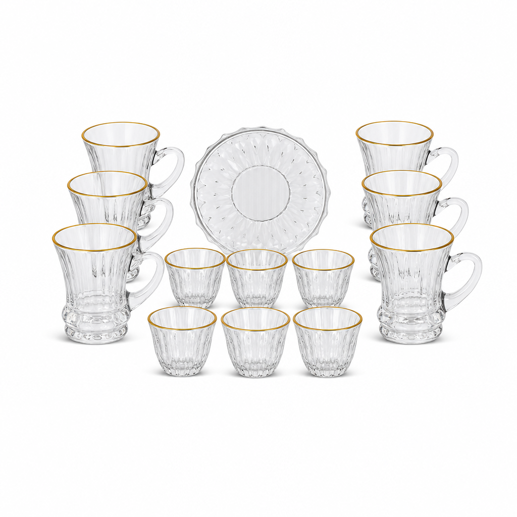 48 Pieces Clear Faceted Glass Tea and Coffee Set, 18 Pieces, Gold-Rimmed Cups and Saucers