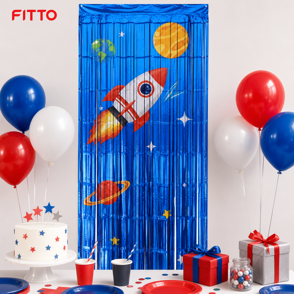 144 Pieces Space Happy Birthday Foil Fringe Curtain Backdrop, 2 m