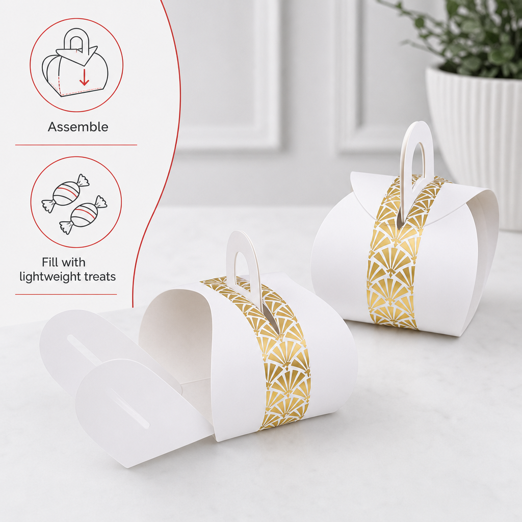 96 Pieces Candy Favor Boxes with Handle, White with Gold Pattern, 9.5 x 9.5 x 10 cm, 12 Pieces