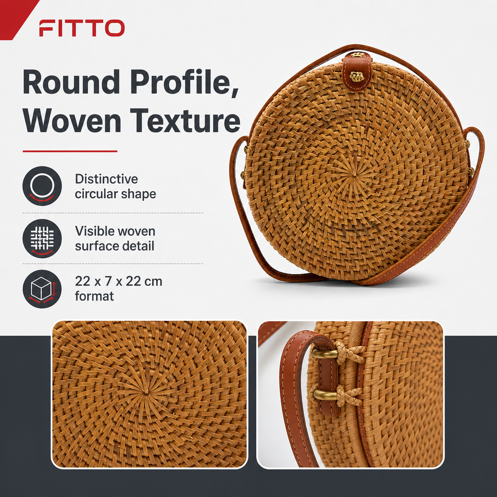 60 Pieces Round Woven Rattan Shoulder Bag, Tan, 22 x 7 x 22 cm