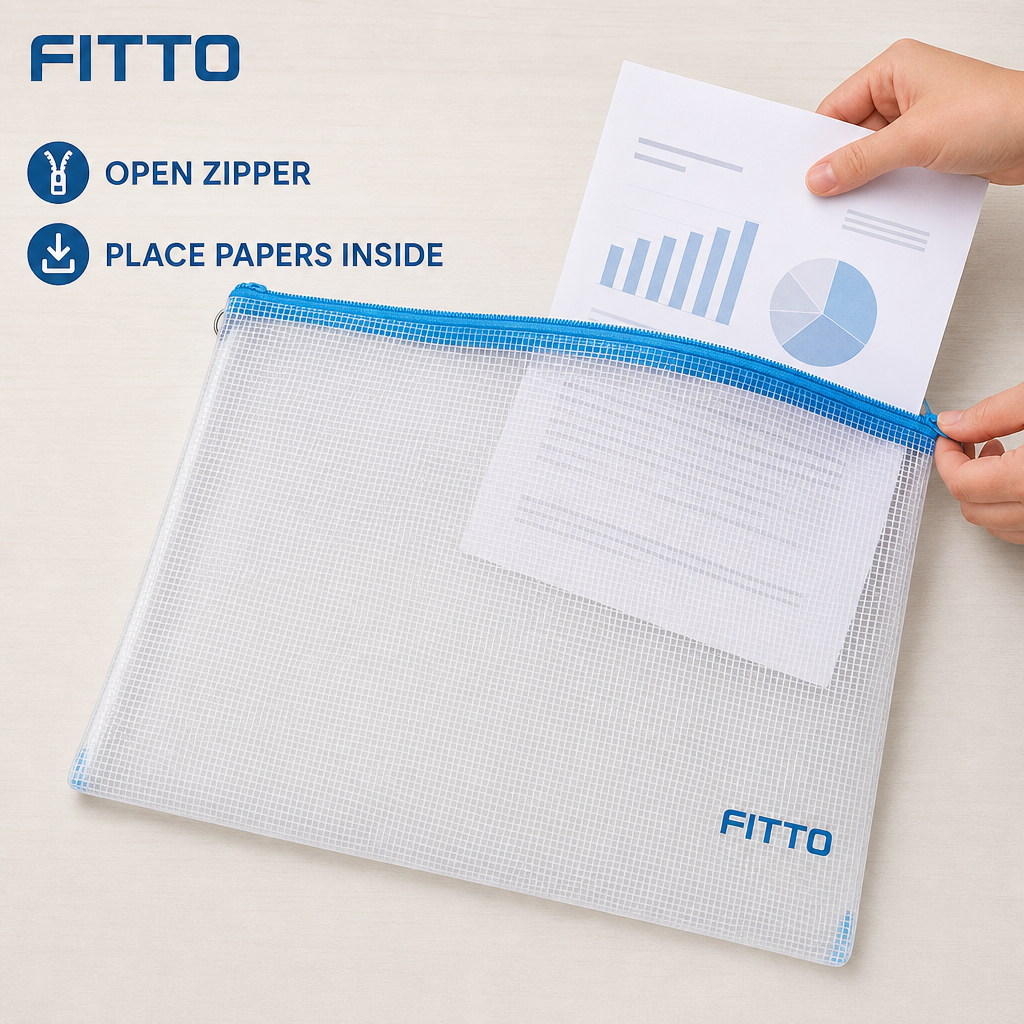 144 Pieces Transparent Grid Zipper Document Folder with Blue Trim, 35 x 25 x 2 cm, 1 Piece