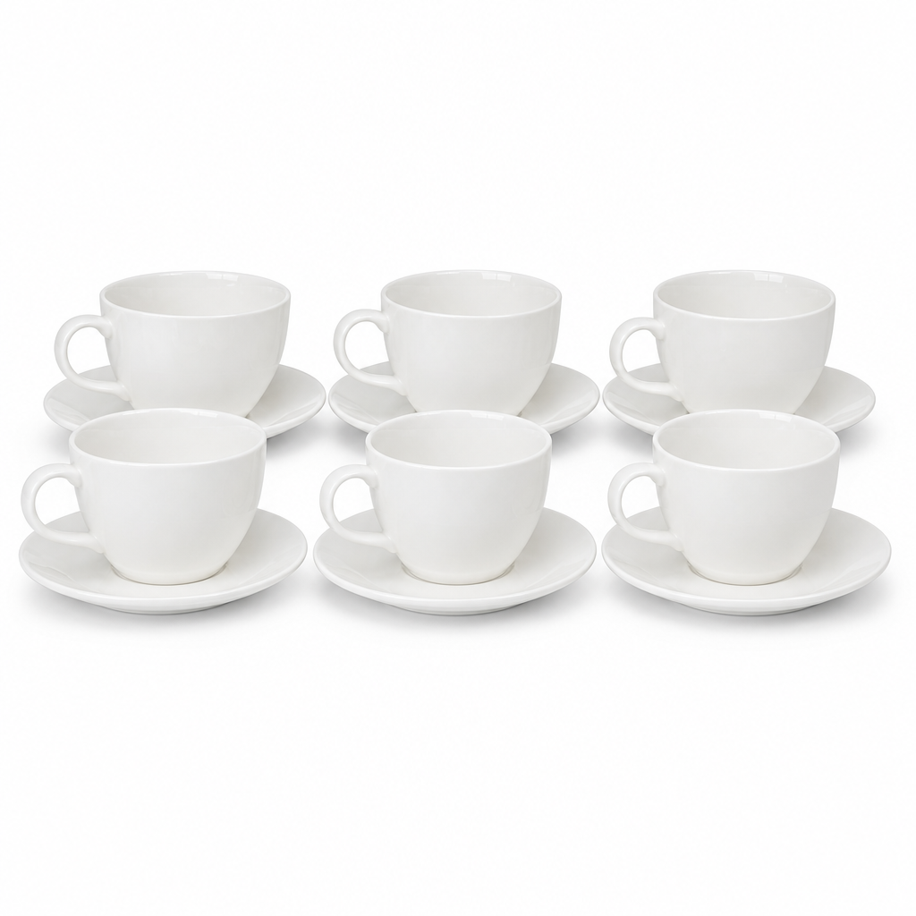 60 Pieces Ceramic Tea and Coffee Cups with Saucers, White, 6-Piece Set