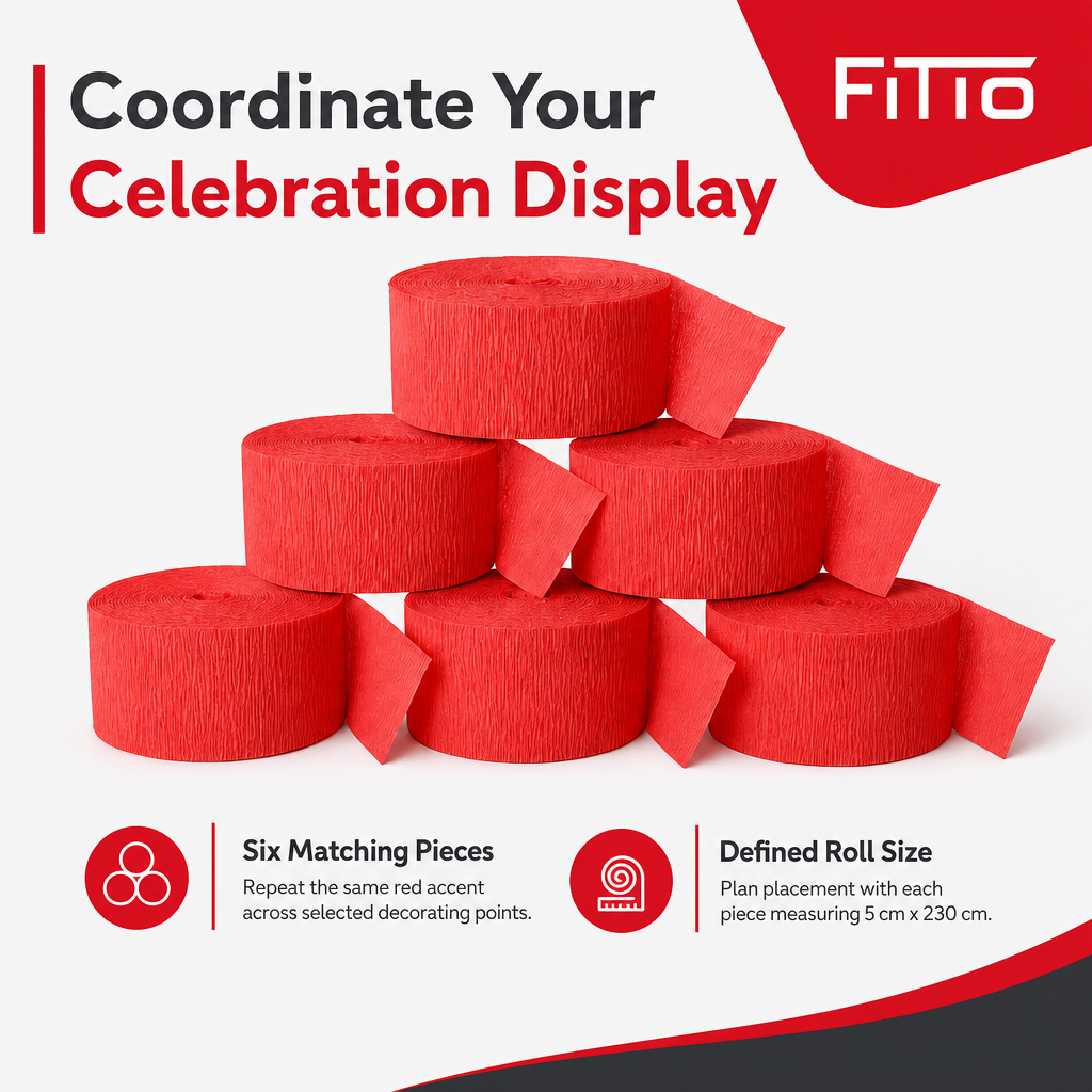 144 Pieces Red Paper Party Decorations Rolls, 5 cm x 230 cm, 6 Pieces for Celebrations and Venue Styling