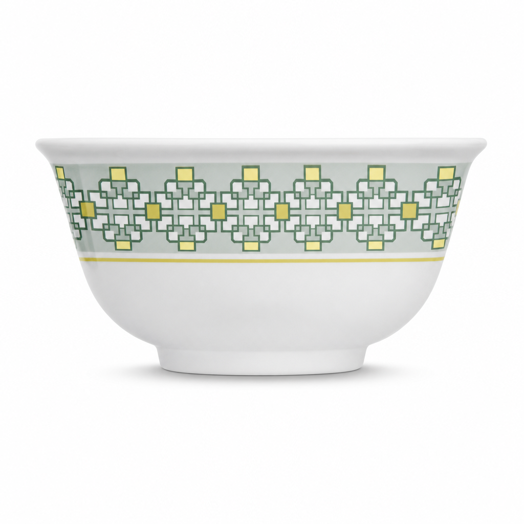 144 Pieces Melamine Rice Bowl, 4 Inch, White with Green and Yellow Geometric Pattern