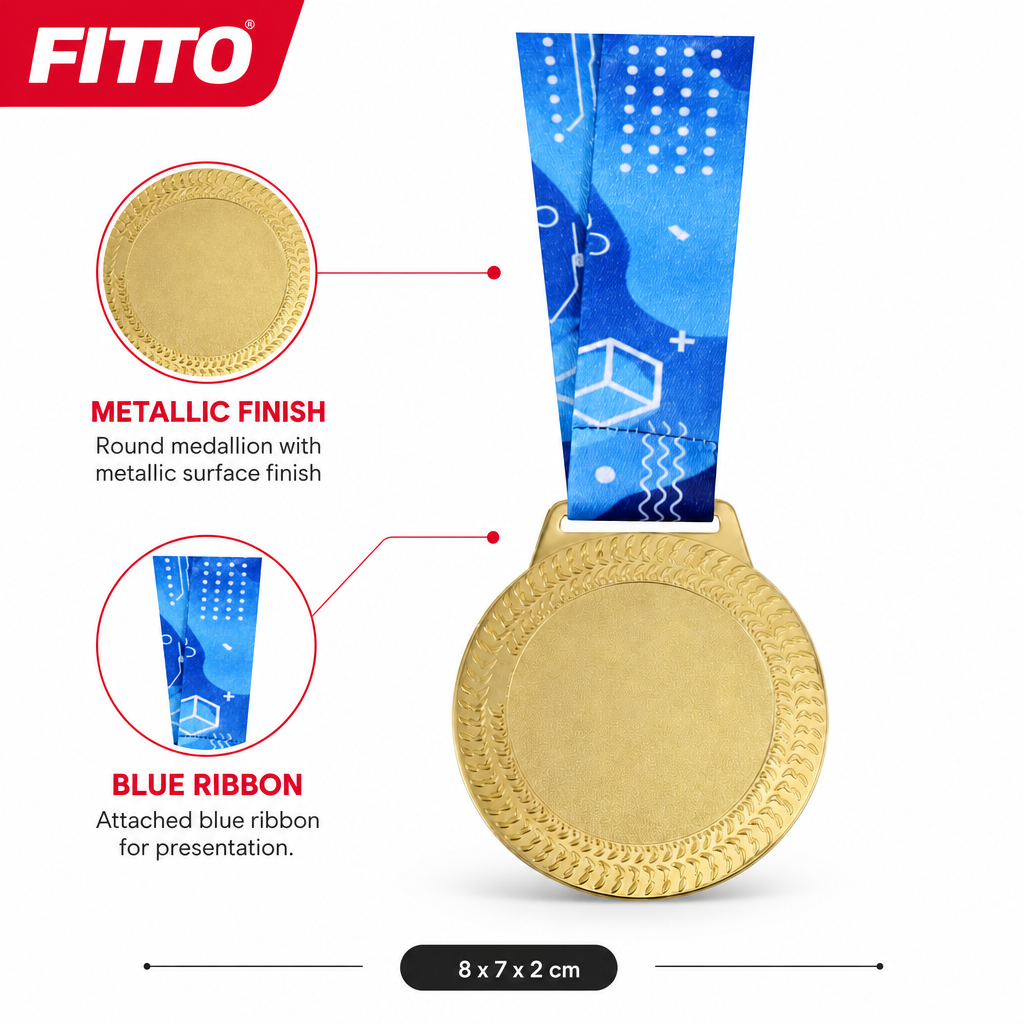 144 Pieces Award Medal with Blue Ribbon, Metallic Finish, 8 x 7 x 2 cm