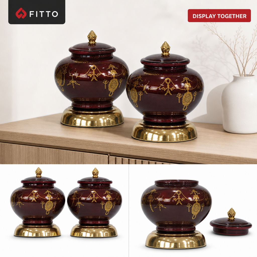 48 Pieces Decorative Ceramic Storage Jar Set, Maroon and Gold, 2 Pieces