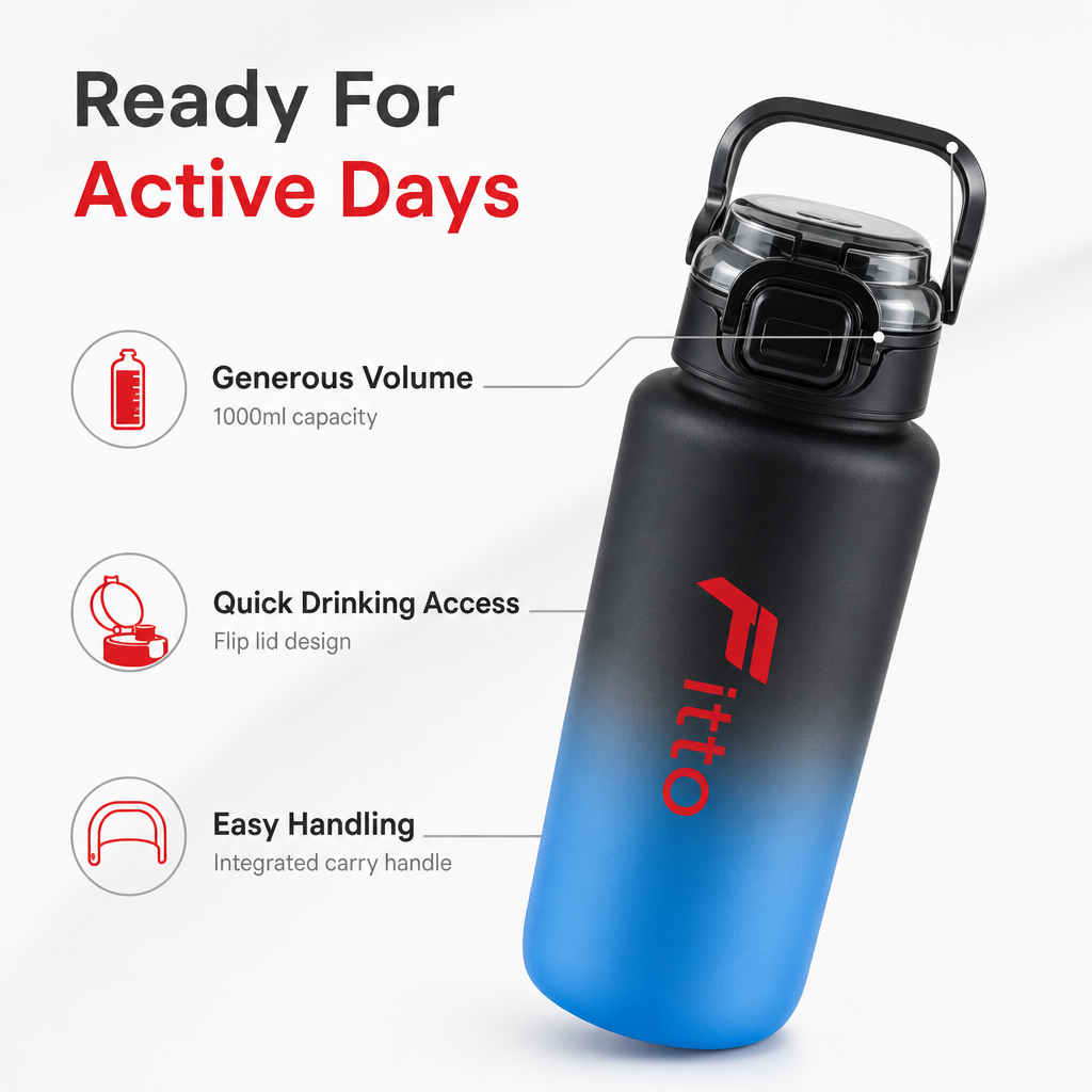96 Pieces Sports Water Bottles 1000ml with Flip Lid and Carry Handle, Blue