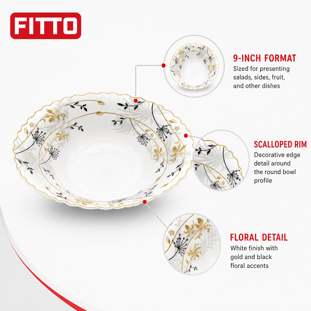 96 Pieces Opal Serving Bowl, 9 Inch, White Floral Tablewares with Gold and Black Detail
