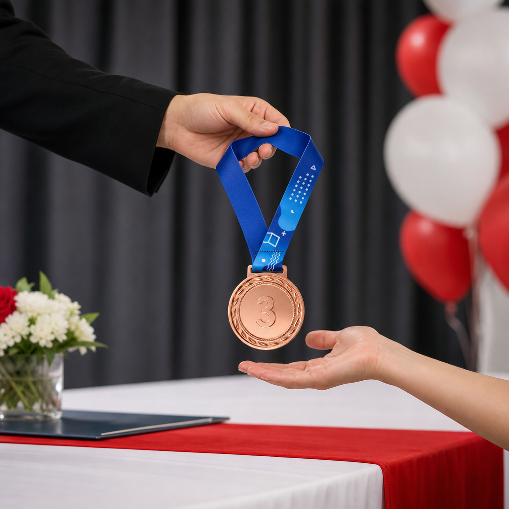 144 Pieces 3rd Place Award Medal with Blue Ribbon, Bronze Finish, Single Medal