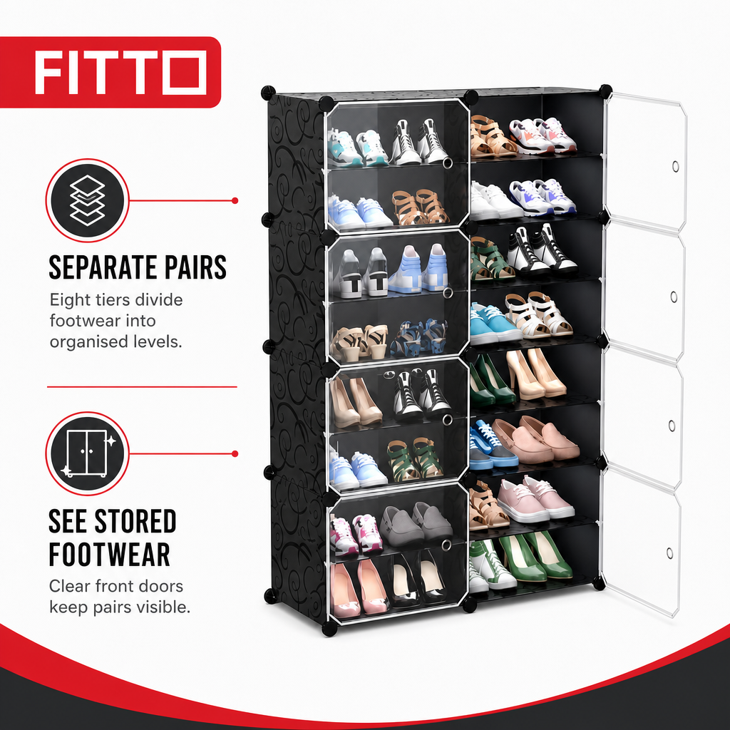 48 Pieces Black and Clear 8-Tier Shoe Storage Cabinet with Doors, 85 x 32 x 127 cm, 1 Unit