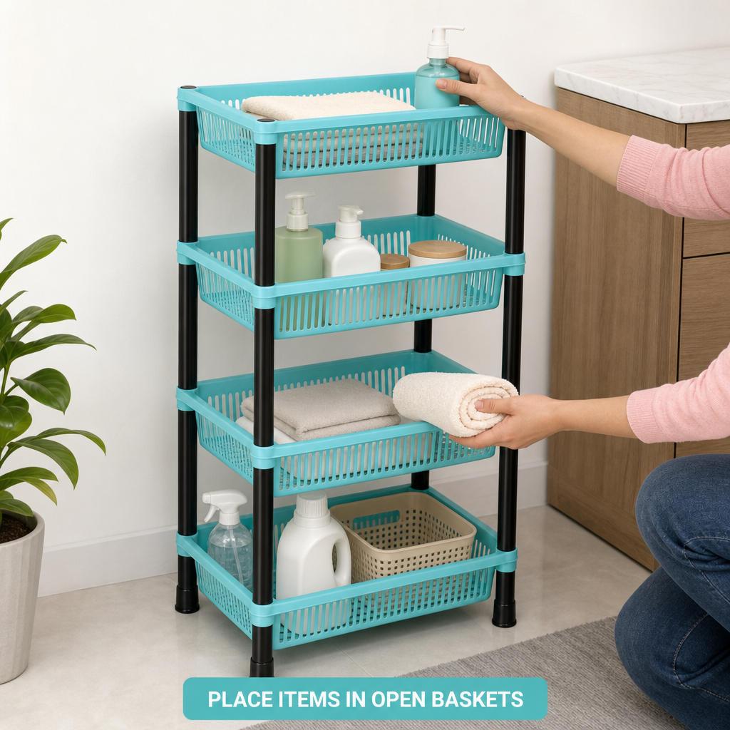 72 Pieces 4-Tier Plastic Storage Basket Rack, Aqua Blue, 40 x 30 x 22 cm