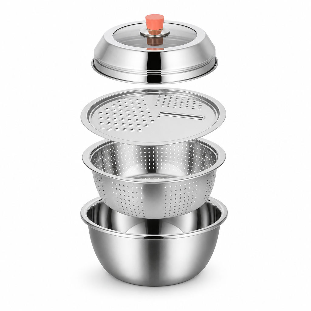 60 Pieces 4-in-1 Stainless Steel Grater Set with Grating Plates, Colander, Mixing Bowl and Storage Lid, Silver, 1 Set