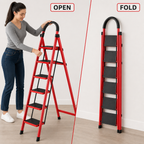 48 Pieces Folding Step Ladders, 6-Step Red Metal Ladder, Foldable Household Access Ladder, 1 Piece