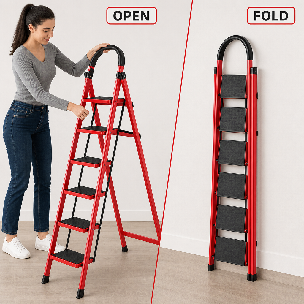 48 Pieces Folding Step Ladders, 6-Step Red Metal Ladder, Foldable Household Access Ladder, 1 Piece