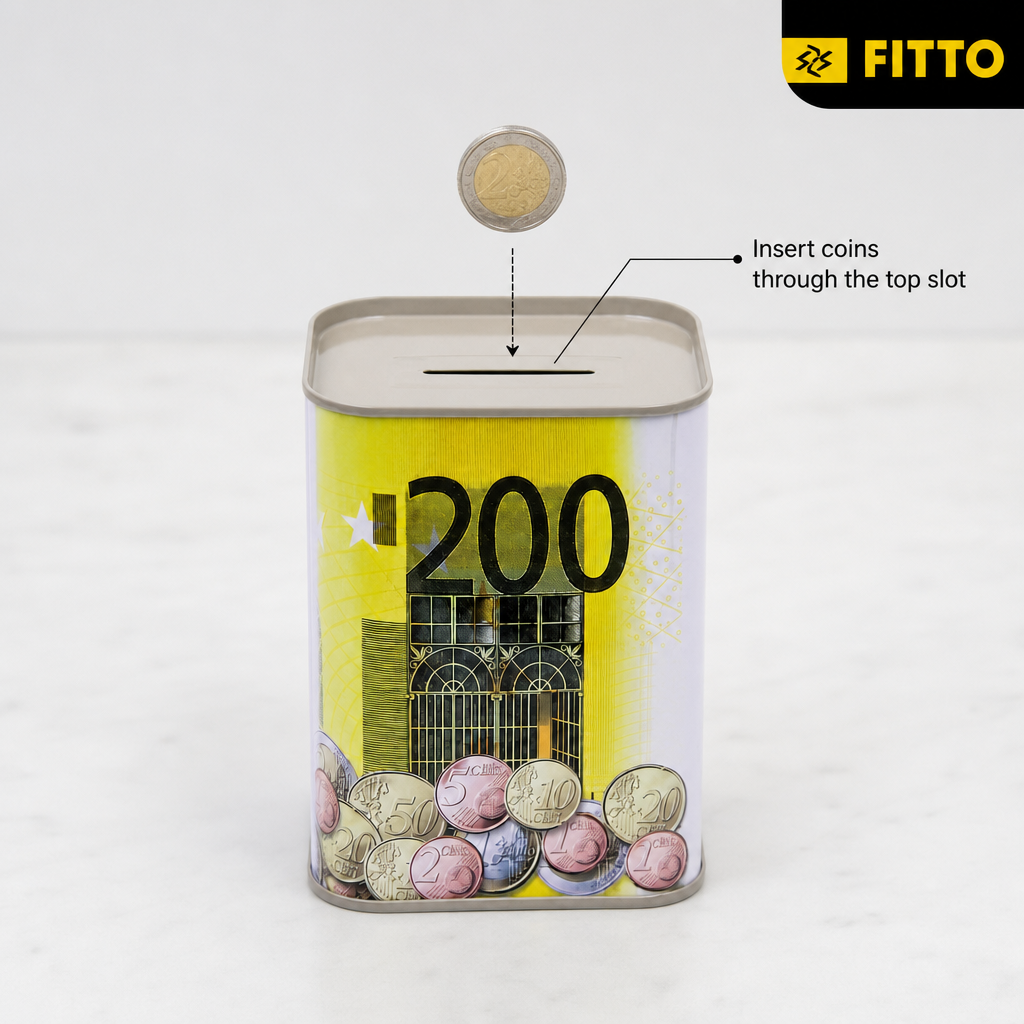 240 Pieces Metal Coin Saving Box, Square Euro-Themed Money Bank with Top Slot, 7.8 × 10.5 cm